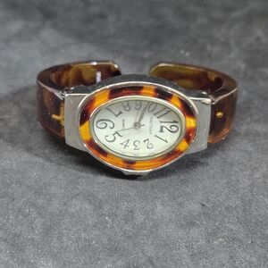 Vtg Waltham Quartz Tortiose Shell Style Plastic Cuff Watch Bracelet UNTESTED
